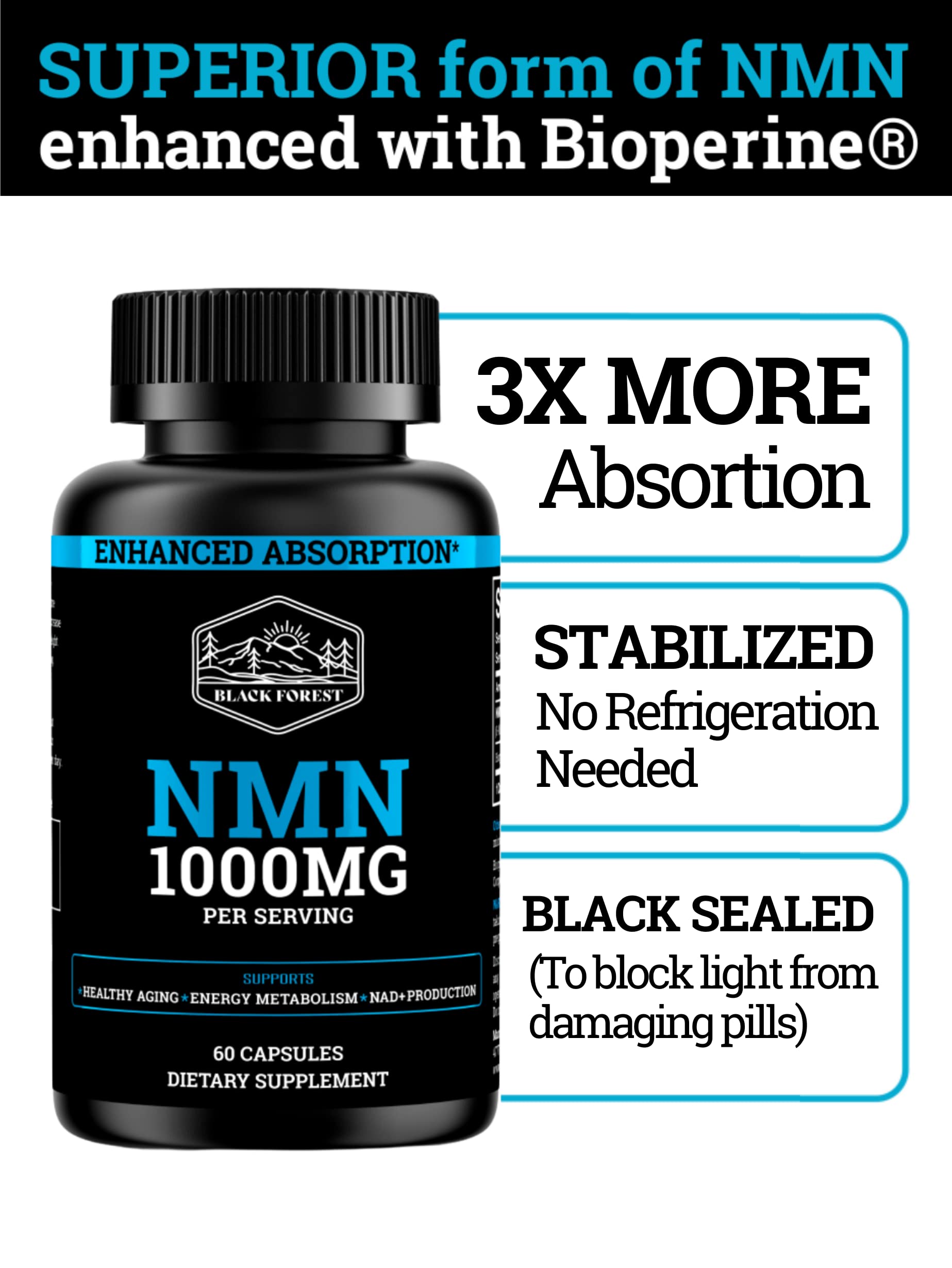 Black Forest NMN Supplements 1000mg (Nicotinamide Mononucleotide) 99% Pure, Stabilized Form, BioPerine® for Enhanced Bioavailability (60 Capsules) (NMN 1000mg per Serving) NAD Supplement for NAD Black Forest Au supplements