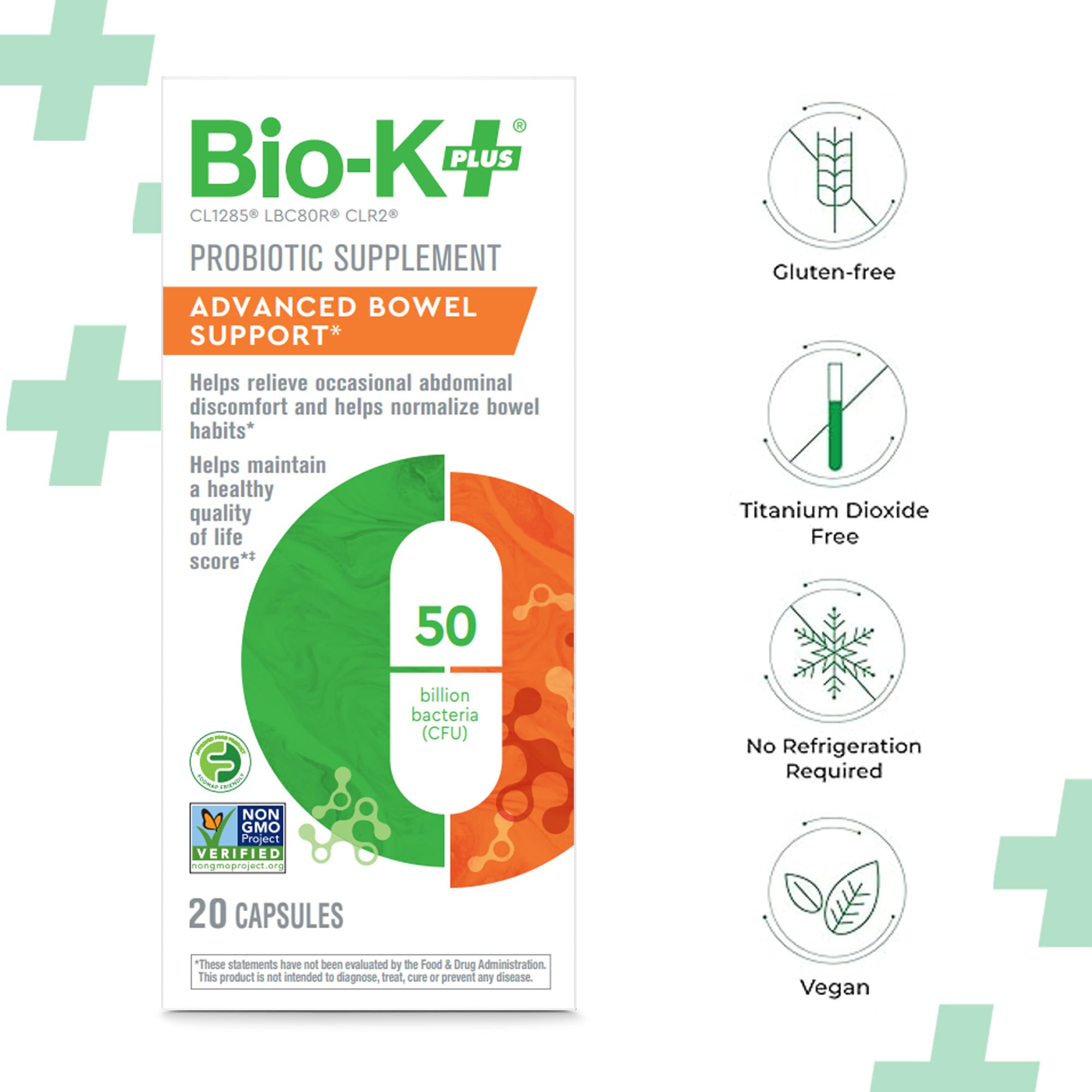 Bio-K+ Probiotic Advanced Bowel Support – 50 Billion CFU – Vegan, Gluten-Free, Non-GMO – Supports Digestive Health & Regularity – for Men & Women – 20 Probiotic Capsules Bio-K Plus Au supplements