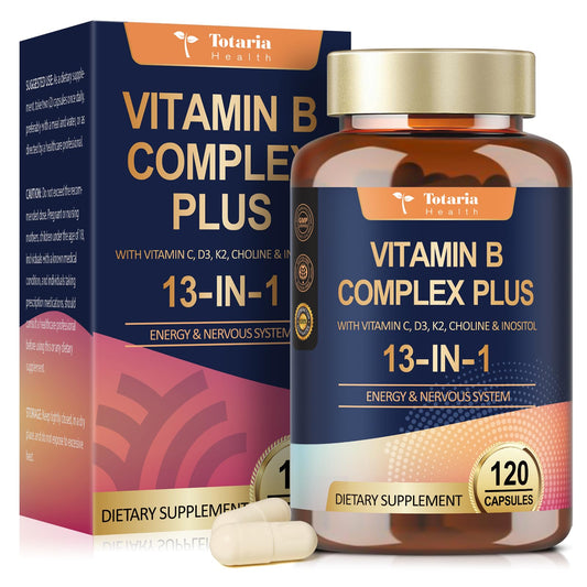 13-in-1 Vitamin B Complex Plus with Vitamin B1, B2, B3 (Niacinamide), B4, B5, B6, B7 (Biotin), B8 (Inositol), B9 (Folate), B12, C, D3, K2 - Energy, Nerve, TotariaUS supplements