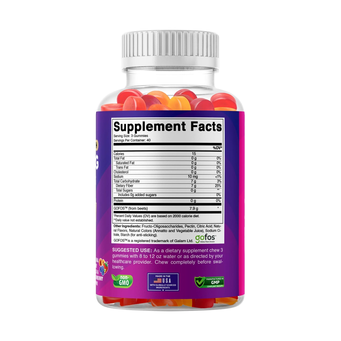 Vitabod Fiber Gummies 7G Per Serving for Digestive Health & Regularity, Prebiotic GOFOS™ Plant-Based Fiber, No Sugar Added, Vegan, Berry Peach Strawberry, 120 Gummies (Adults, Women & Men) VitabodUS supplements