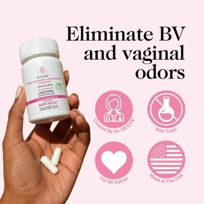 Kushae Boric Acid Suppositories + Rapid Relief, All Natural Female Suppositories with Probiotics & Aloe Vera, Relieves Discomfort & Balances pH Level Bottle Only 21 Capsules KushaeUS supplements