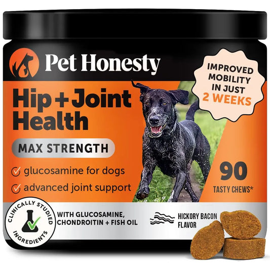 Pet Honesty Hip & Joint Health Max Strength – Dog Joint Support Chews with Glucosamine Chondroitin & Omega-3s – Joint Supplement for Dogs to Support Mobility, Flexibility & Comfort – Bacon (90 ct) Pet HonestyAU supplements