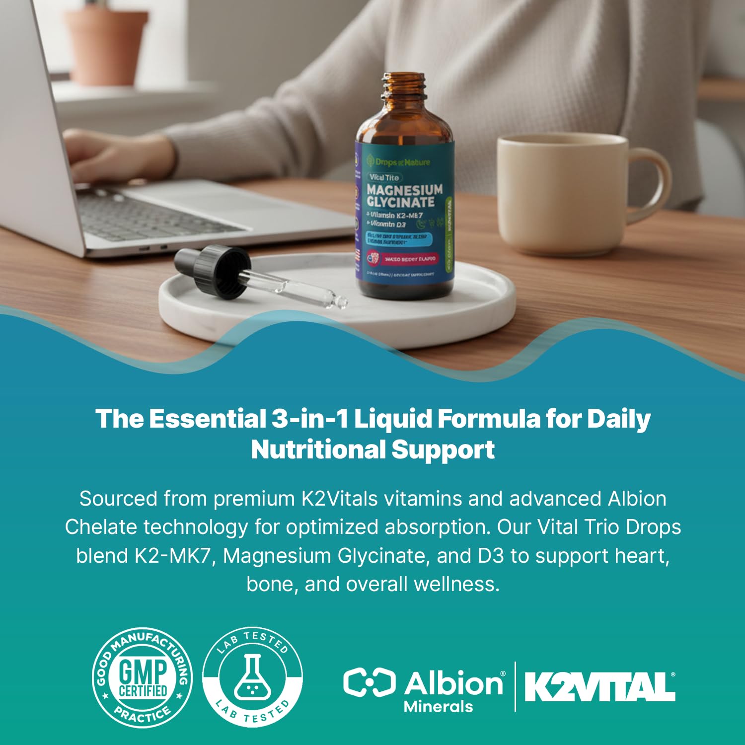 Magnesium Glycinate, Vitamin K2 & D3 Supplement – GMO-Free – VIT D MK7 K2 Vitamin Supplement & Magnesium Blend – with Nutrients for Bone Nutrition & Cardiovascular Function (Mixed Berry, 60 mL) Drops Of Nature Au supplements