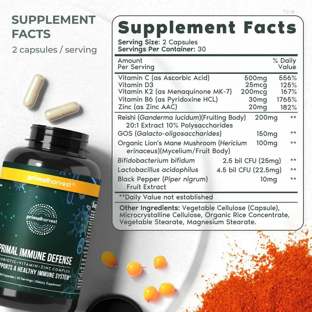 Primal Harvest Immune Defense 10-in-1 Supplement with Probiotics, Zinc, and Vitamins C, D3, K2, B6 Daily Immune Support for Adults Primal Harvest Au supplements