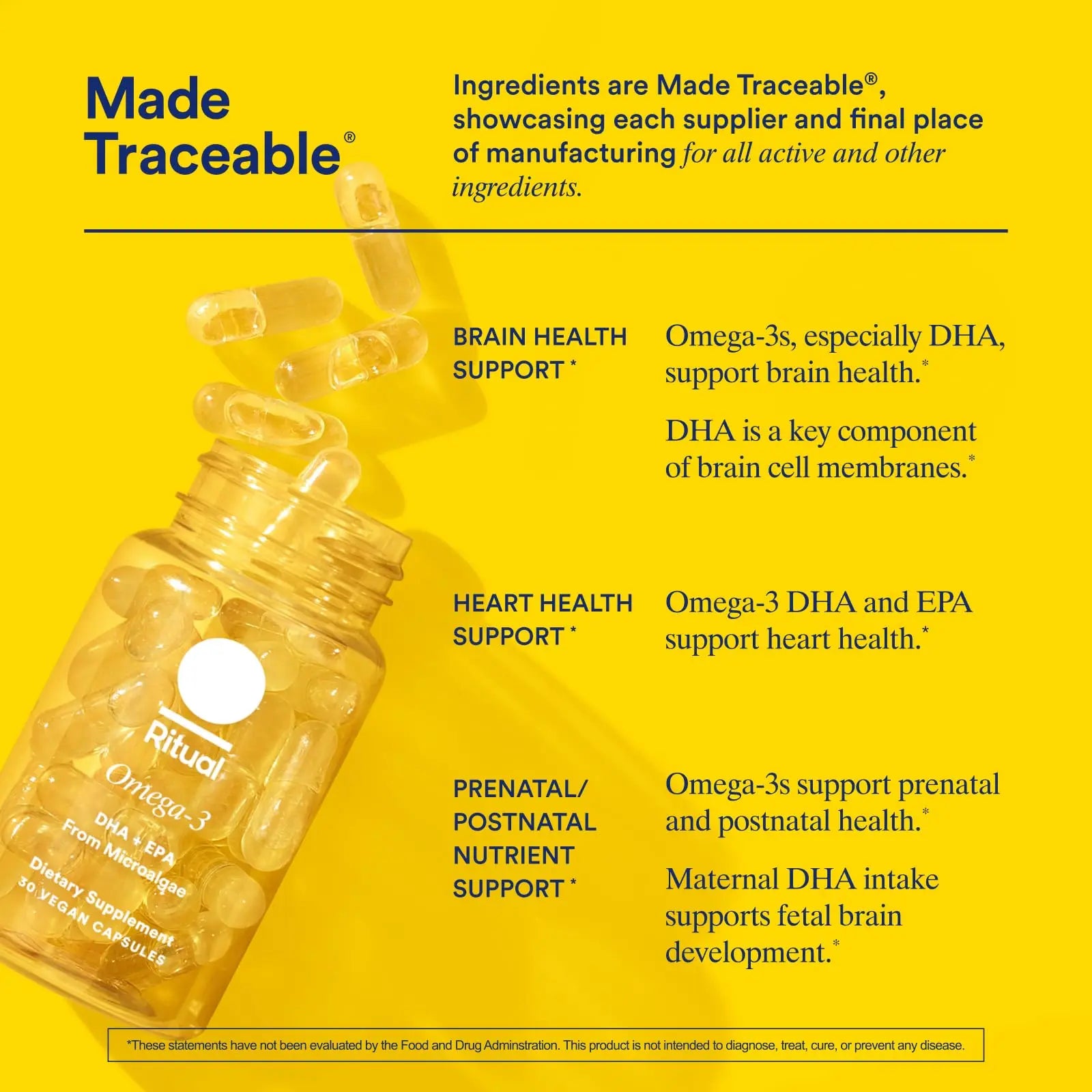 Ritual Omega 3 - Vegan - Science-Backed Dose of DHA & EPA Fatty Acids in 2:1 Ratio, Bioavailable, Brain and Heart Health Support, Minimal Burp-Back, Sustainably Sourced Microalgae, 30 Day Supply Ritual Au supplements