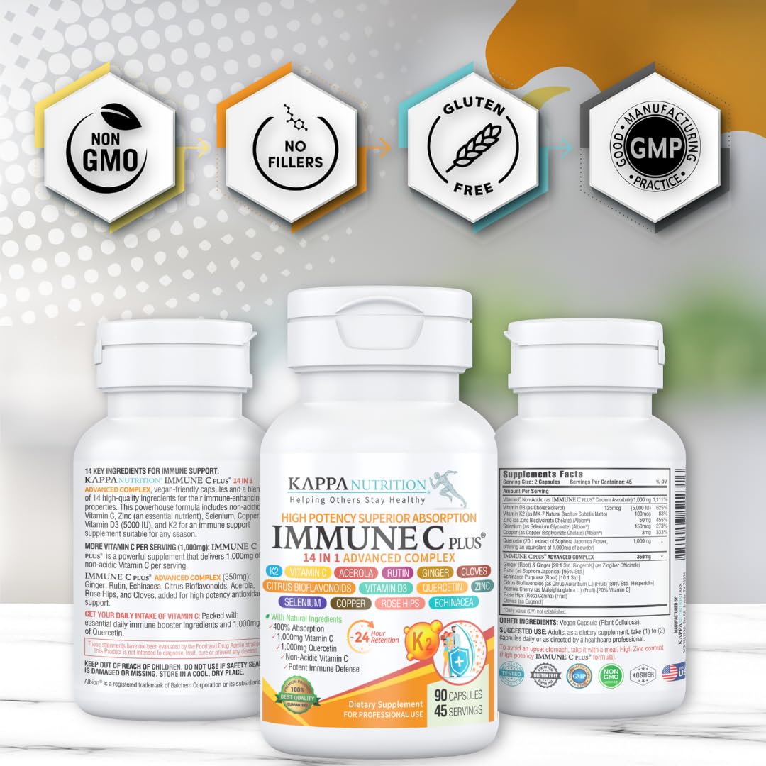 Quercetin 1,000mg, Vitamin C 1,000mg, Zinc 50mg, Vitamin D3 5,000iu, Selenium, Copper, Acerola, Ginger, Rutin, Bitter Orange, Rose Hips, Echinacea, Immune C Plus, 14 in 1 Immune C Plus (90 Count) KAPPA NUTRITION Au supplements