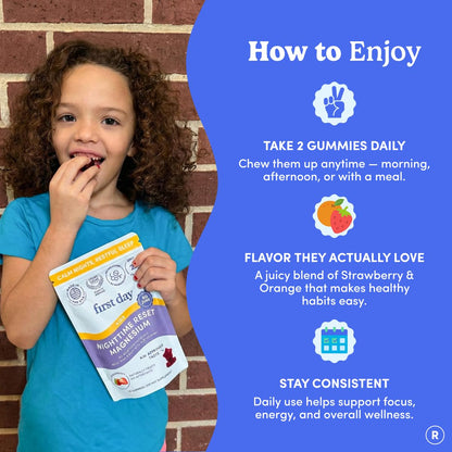 FIRST DAY Kids Magnesium Citrate Gummies (Ages 4+) with No Melatonin | Calm Kids Magnesium Gummies | Bedtime Supplement for Better Sleep with Suntheanine FIRST DAYUS supplements