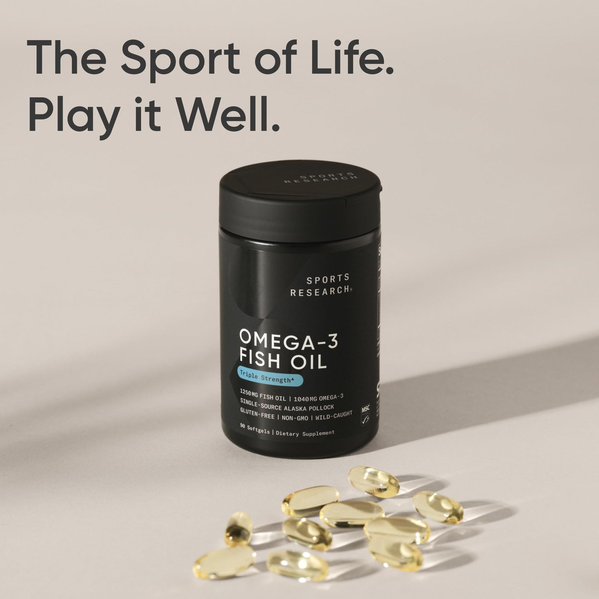 Sports Research® Omega-3 Fish Oil 1250 - Triple Strength Fish Oil Supplement from Wild Alaska Pollock - MSC Certified Sustainable · Non-GMO · Soy Free - 90 Softgel Capsules Sports Research Au supplements