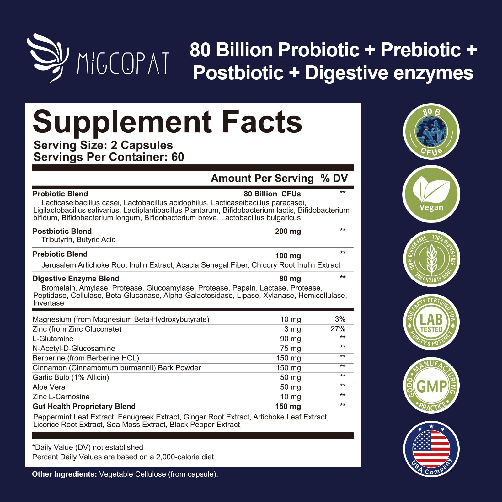 Migcopat Probiotic Prebiotic, Postbiotic & Digestive Enzymes for Digestive Health, 80 Billion CFU Probiotics Complete Gut Support with Berberine, Cinnamon, L-Glutamine, for Men & Women, 120 Capsules Migcopat Au supplements