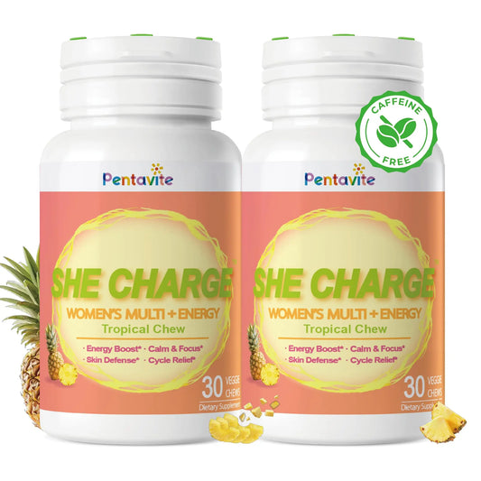 Pentavite She Charge Multivitamin for Women, Pineapple Tropical Chew, Daily Vitamin Supplements with Folate, Support Energy, Calm & Focus, Skin Defense and Cycle PentaviteAU supplements