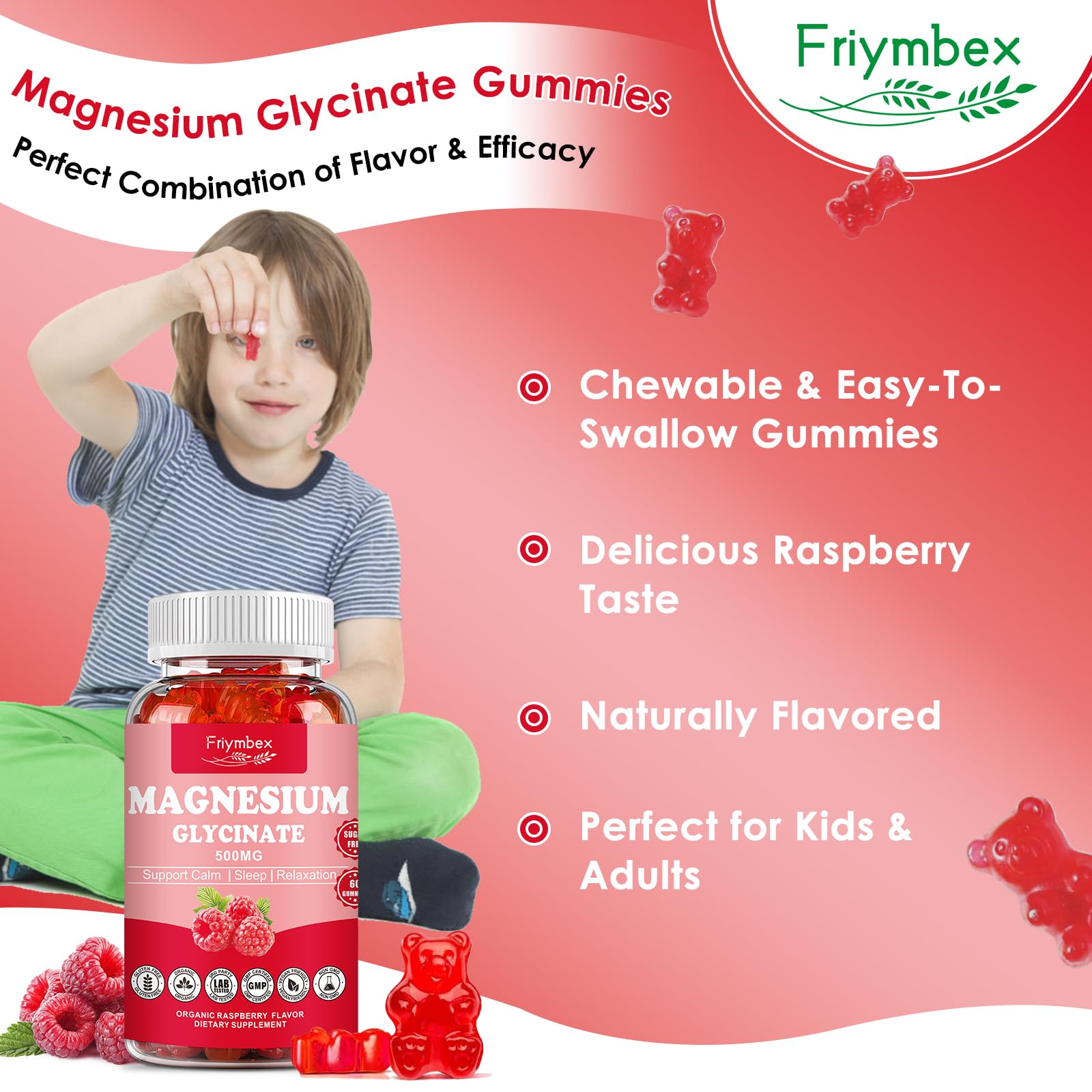 Magnesium Glycinate Gummies 500mg | Relaxation Calm Magnesium Gummies | Sugar-Free | Non-GMO | Gluten-Free | Vegan-Friendly for Adults & Kids (60 Raspberry Gummies) Friymbex Au supplements