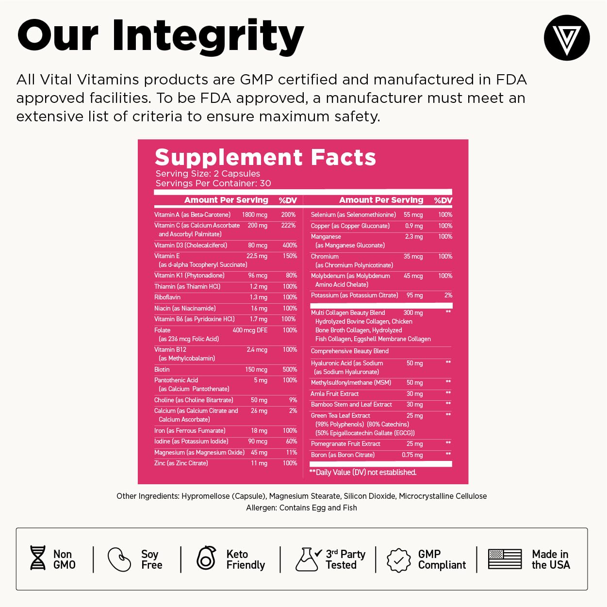 Vital Vitamins Women's Multivitamin Complex - Made with Multi-Collagen Blend, Hyaluronic Acid, & MSM - Beauty Multivitamins - with Vitamin A, C, E, B6, B12, D3-60 Capsules Vital Vitamins Au supplements