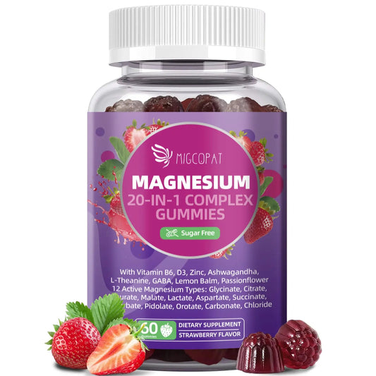 Migcopat Magnesium Complex Gummies, 20 in 1 Magnesium Gummy with Glycinate Citrate Malate Taurate - Ashwagandha, L-Theanine, D3&Zinc for Relaxation, Sleep, Muscle&Heart Support, Strawberry, 60 Cts MigcopatAu supplements