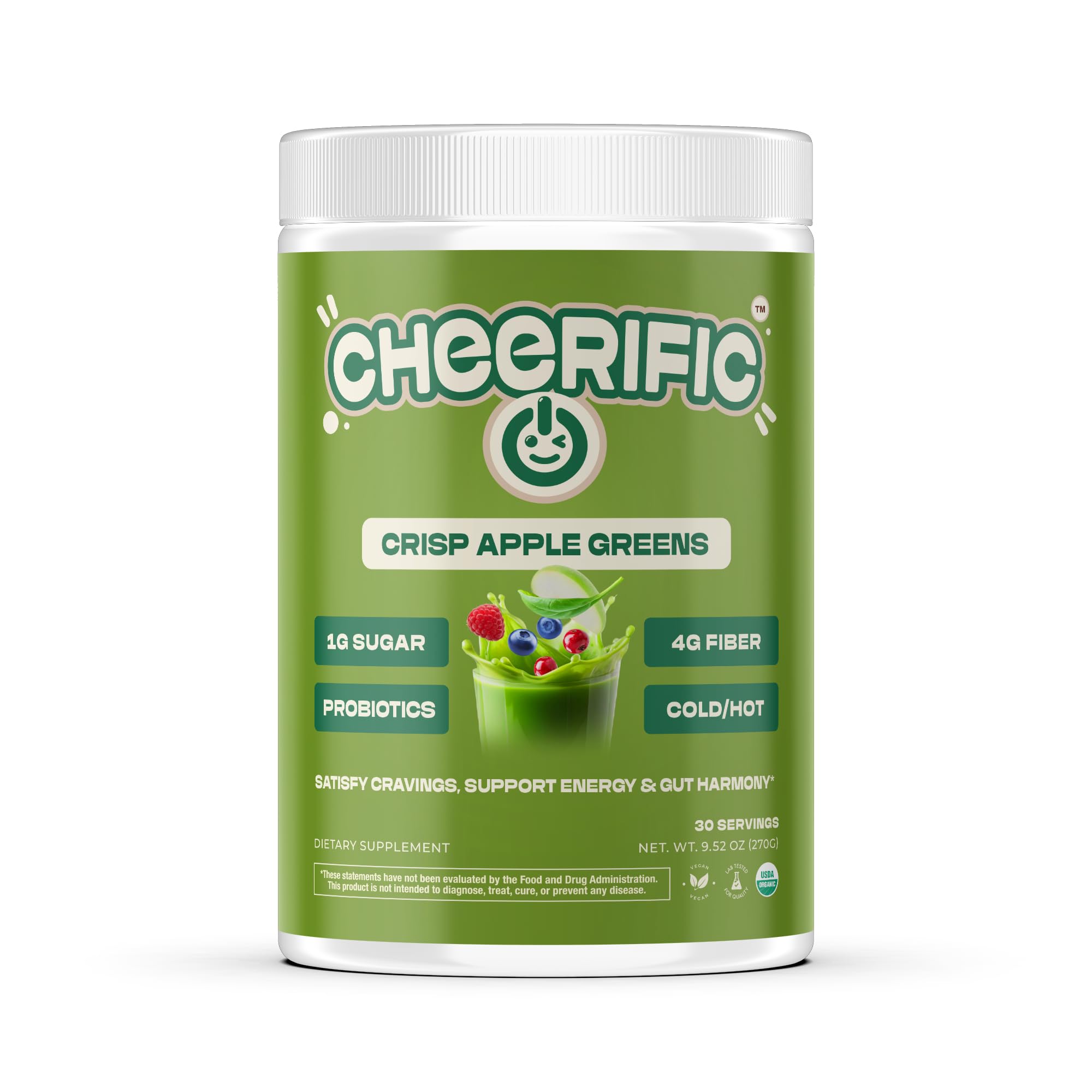 Cheerific Crisp Apple Greens Superfood Powder - 20+ Organic Superfoods + Prebiotic & Probiotics + More - Keto Friendly - Supports Positive Mood, Gut Health - Vegan, Gluten Free, Non-GMO - 30 Day Cheerific Au supplements