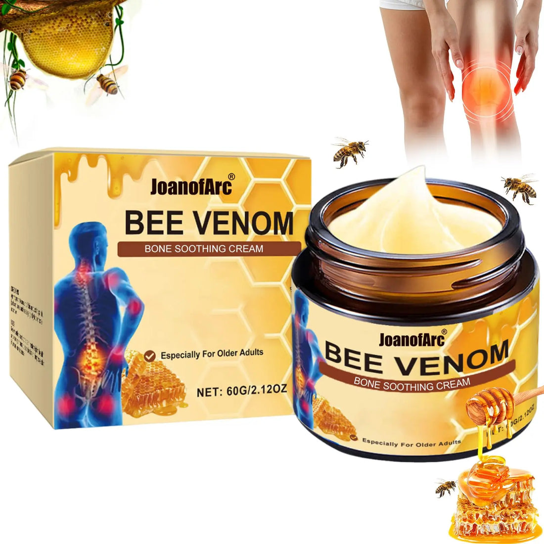 Bee Venom Joint Cream, Natural Bee Venom Skin Cream, Bee Venom Advanced Joint & Bone Cream, Suitable for Everyday Back, Waist, Neck, Hands, Knees, Light Non-Sticky for Men Women Aldult - 2.11 Oz/60g JoanofArc uk supplements