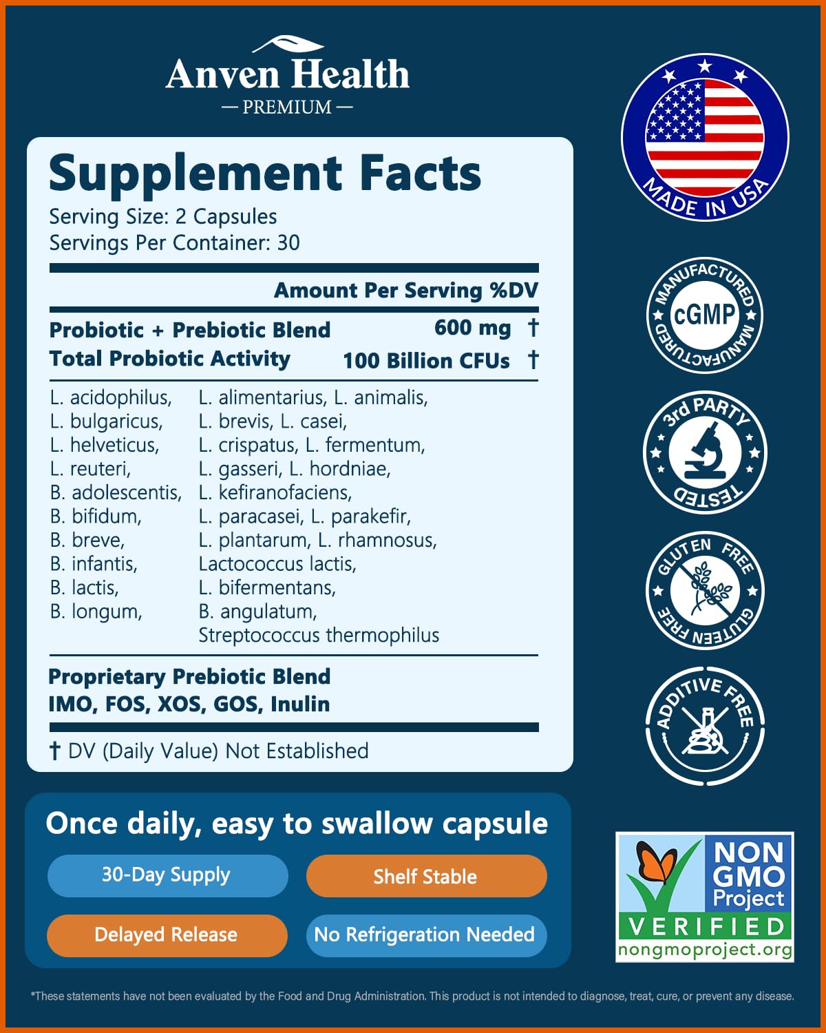 Anven Health 100 Billion Probiotics for Men and Women 27 Strains 5 Organic Prebiotics for Gut Digestive & Immune Health, Supports Diarrhea Gas Bloating, Non-GMO, Zero Fillers – Made in USA丨60 Caps Anven Health Au supplements