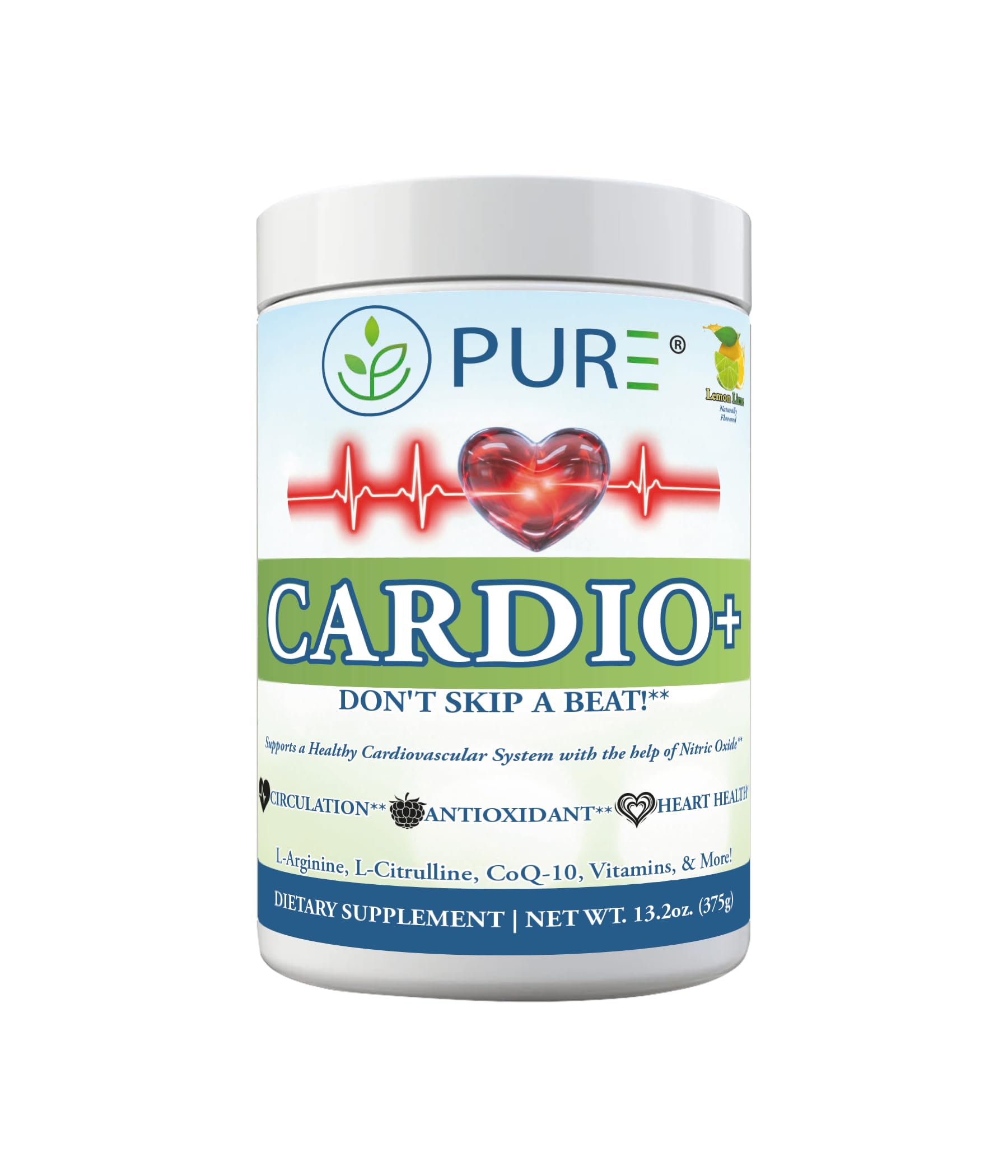 PURE® Cardio+ Nitric Oxide Heart & Circulation Support - 5000mg L-Arginine & 1000mg L-Citrulline - Lemon Lime, 30 Servings Powder, 375 Grams - CoQ10 Beet Root - High Potency Cardiovascular Formula PURE Au supplements