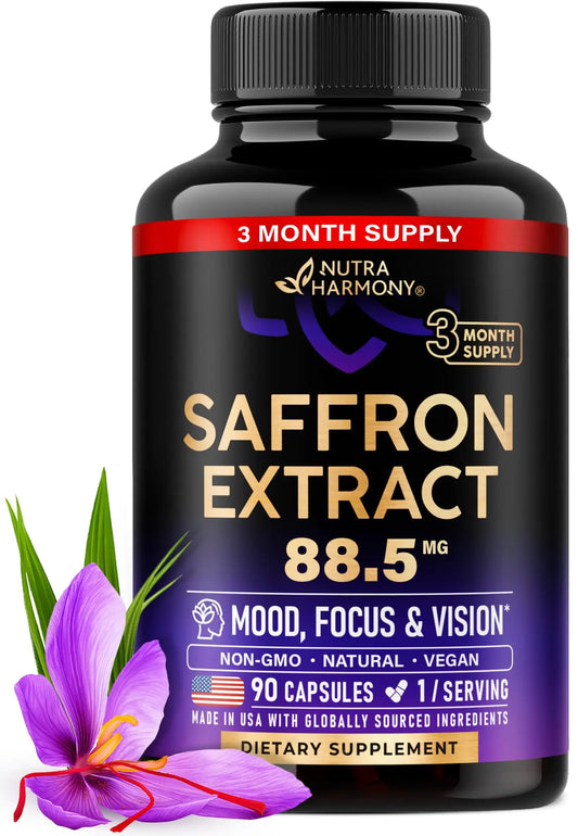 Natural Saffron Supplements - Pure Saffron Extract 88.5 mg - Made in USA - Mood | Focus | Vision | Energy Support - Eye Health for Women & Men - NonGMO Vegan Pills - 90 Powder Capsules, 3 Month Supply NUTRAHARMONYAU supplements