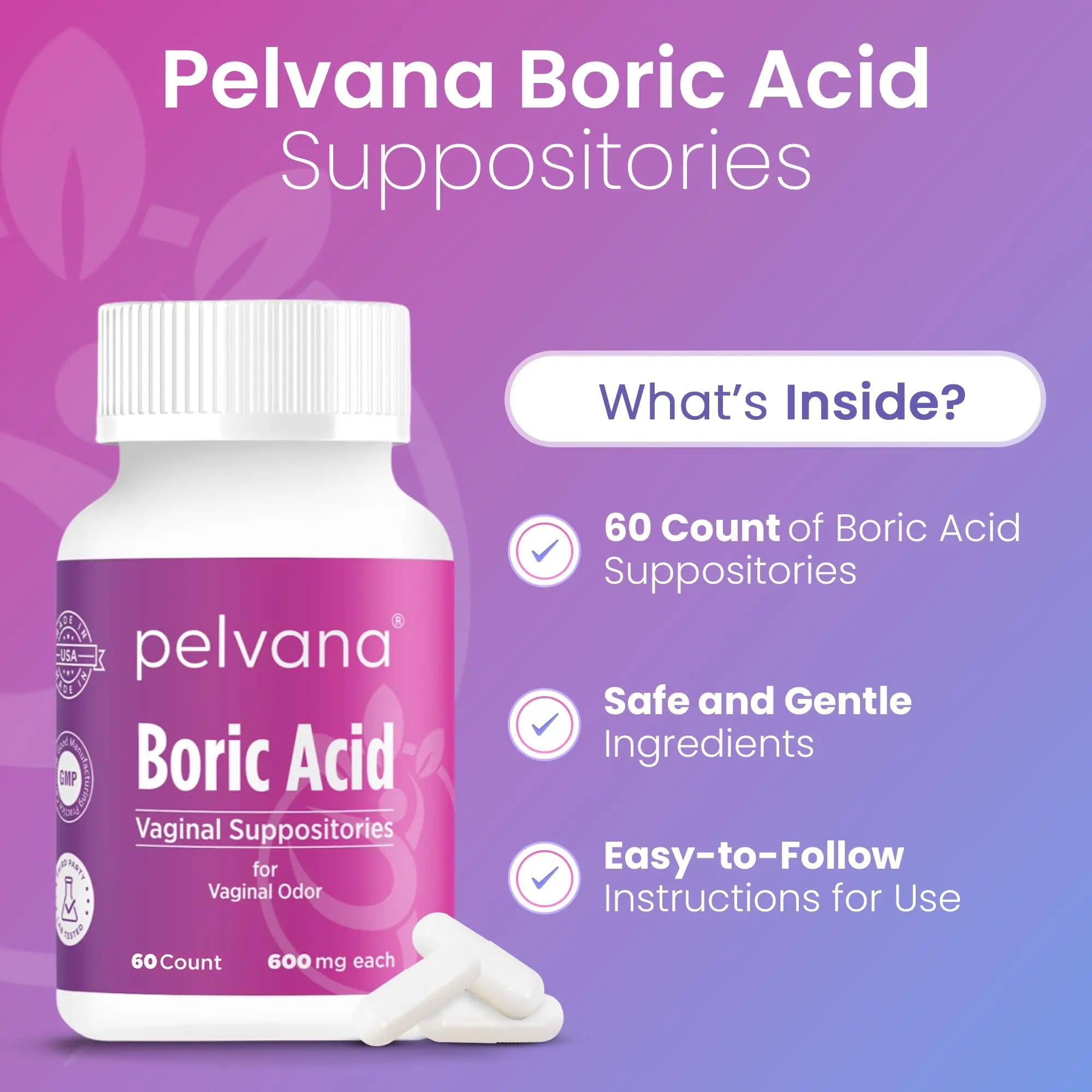 Pelvana Boric Acid Suppositories for Women - 60 Count - 600mg Boric Acid Capsules for Vaginal Odor Use Pelvana Au supplements