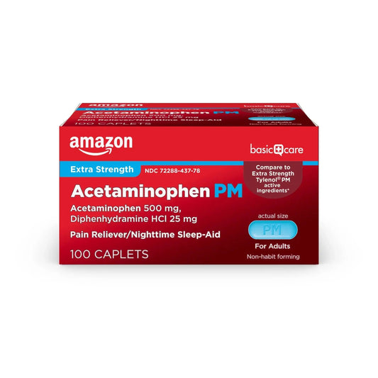 Amazon Basic Care Acetaminophen PM, Pain Reliever Plus Nighttime Sleep Aid, Blue, 100 Count Amazon Basic CareAu supplements
