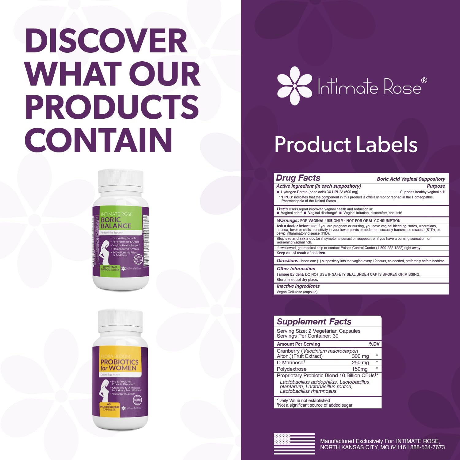 Intimate Rose Combo Pack! Flora Bloom Probiotics for Women (One Bottle) and Boric Balance Boric Acid Intimate Rose Au supplements