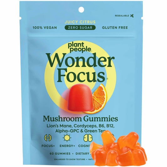 Plant People WonderFocus Mushroom Gummies with Lion’s Mane & Cordyceps - Nootropic Brain Supplement Boosts Memory, Focus, Energy & Mood in Adults | No Sugar, 100% Vegan, Citrus Flavor, 60 Count Plant PeopleAU supplements