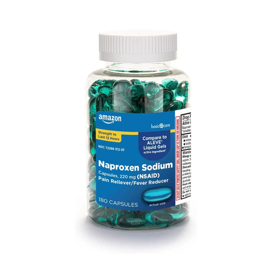 Amazon Basic Care Naproxen Sodium 220 mg Liquid Gels, Pain Reliever/Fever Reducer (NSAID), Headache, Backache, Menstrual Pain, Arthritis Pain, 12-Hour Relief, 180 Count (previously A+ health) Amazon Basic CareAu supplements