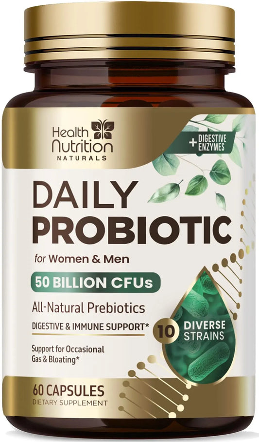 Probiotics 50 Billion CFU per Serving - 10 Strains + Prebiotics - Digestive Health, Gut & Immune Support - Occasional Constipation, Gas & Bloating Support for Women & Men, Bottled USA - 60 Capsules Health Nutrition NaturalsAU supplements
