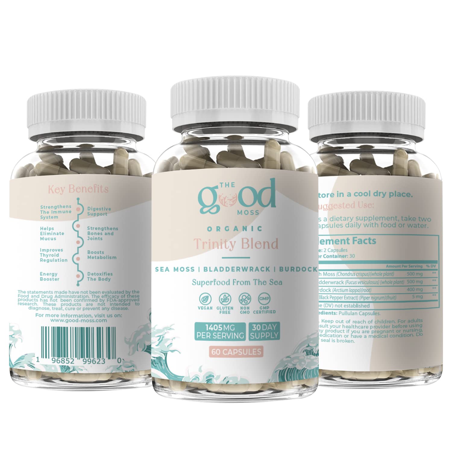 Trinity Blend Superfood -Sea Moss, Bladderwrack and Burdock Root Supplement for Overall Health Support, Hair, Skin and Nails 60ct The Good Moss Au supplements