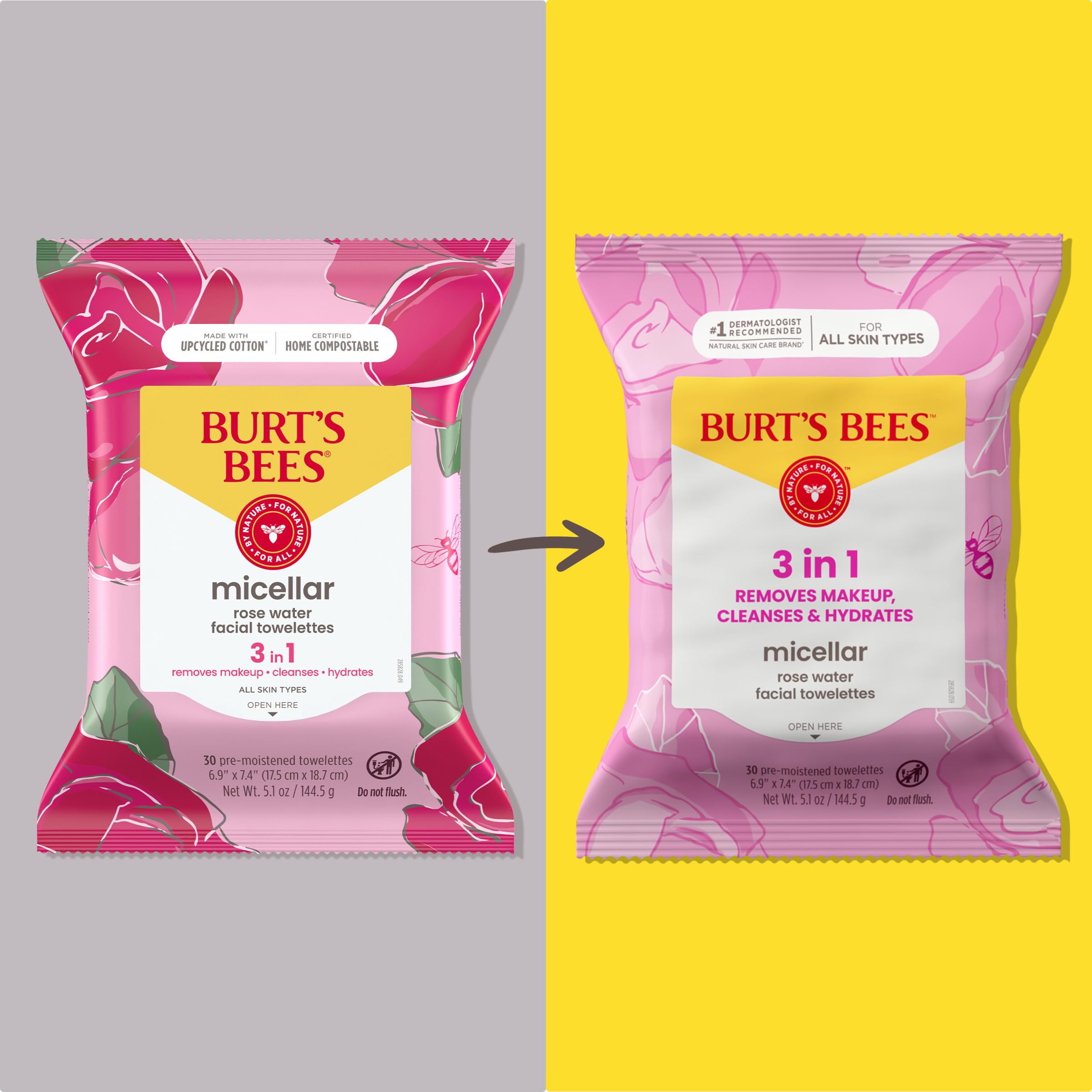 Burt’s Bees Micellar Rose Water Facial Towelettes, 100% Plant Based Cloth; 99% Natural Origin; Remove Makeup, Cleanse, Hydrate; No Oily Residue; All Skin Types; 30 Ct, Pack of 3 (Pack May Vary)
