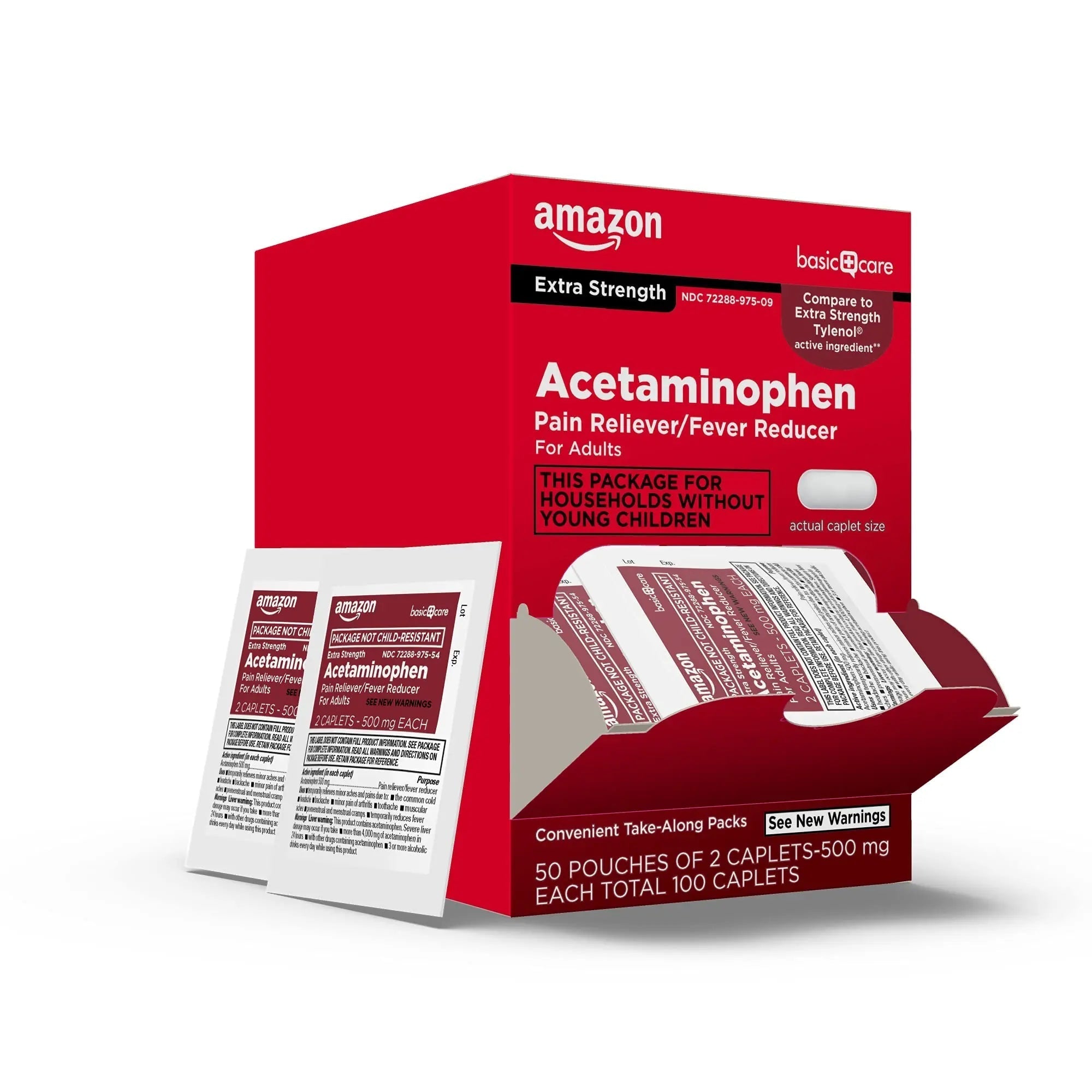 Amazon Basic Care Extra Strength Acetaminophen Caplets 500 mg, Pain Reliever and Fever Reducer, Gentle on Stomach, For Arthritis Pain, Backache Pain and More, 50 Packets of 2 Capsules Each, 100 Count Amazon Basic Care Au supplements