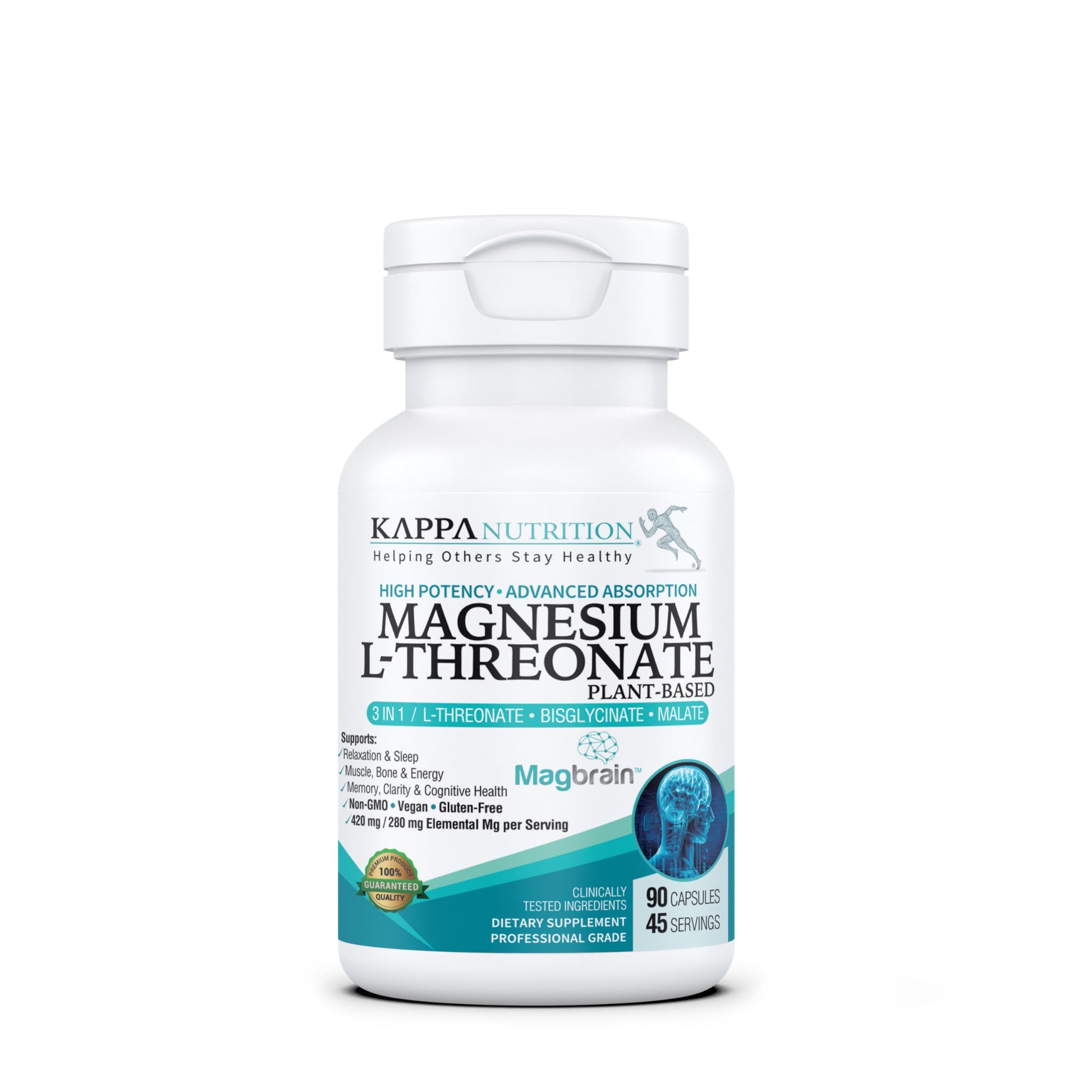 Kappa Nutrition Powered by Magbrain™ Magnesium L-Threonate Plant-Based, 90 Vegan Capsules, 420mg Elemental Magnesium (3 Capsules) from 2,253mg, Brain, Sleep & Muscle Support. KAPPA NUTRITION Au supplements