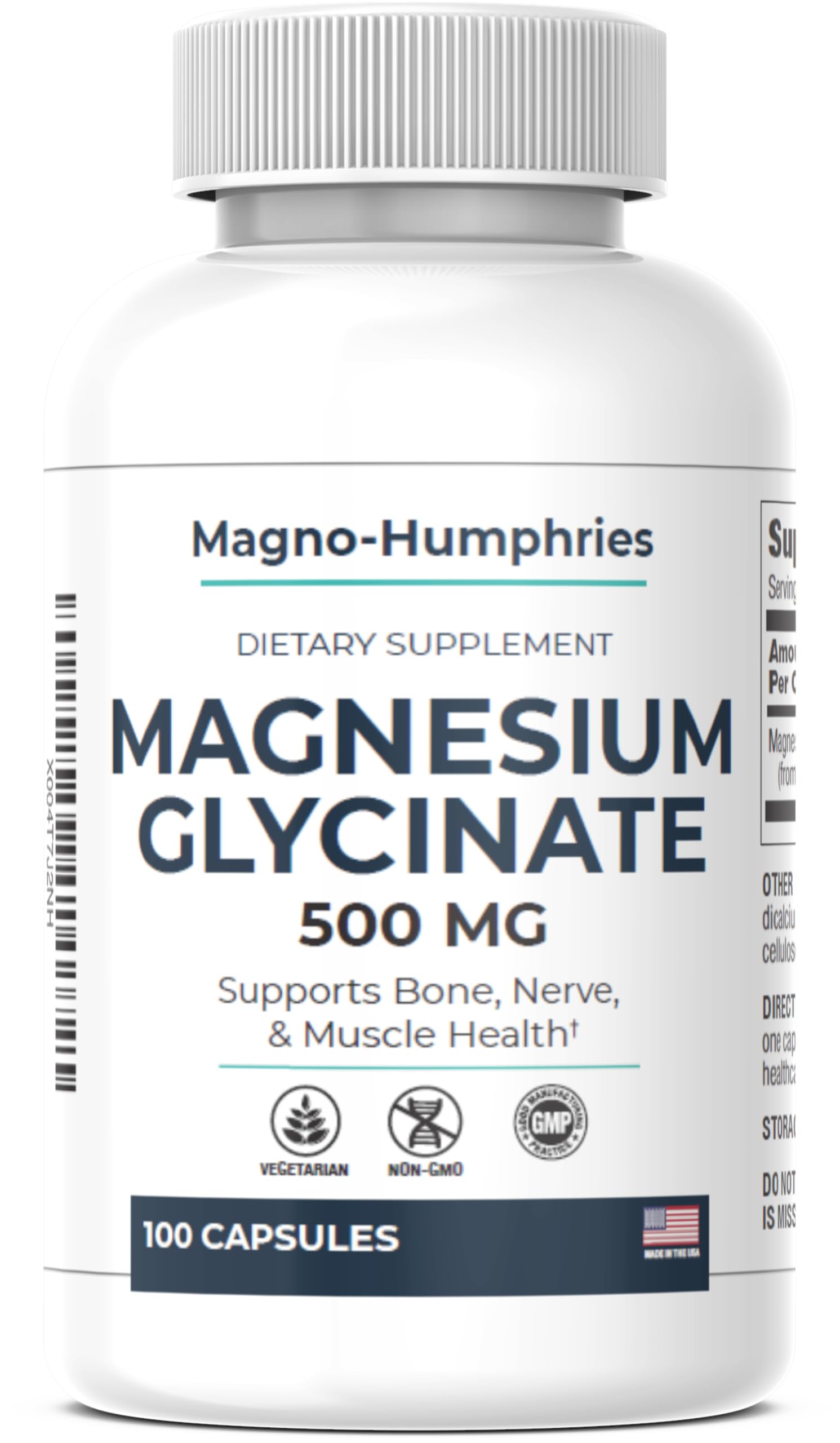 Magno-Humphries Magnesium Glycinate 500 mg - 100 Capsules | Gentle Chelated Form | Muscle, Nerve & Bone Support | Dietary Supplement | GMP Manufactured in The USA Magno-Humphries Au supplements