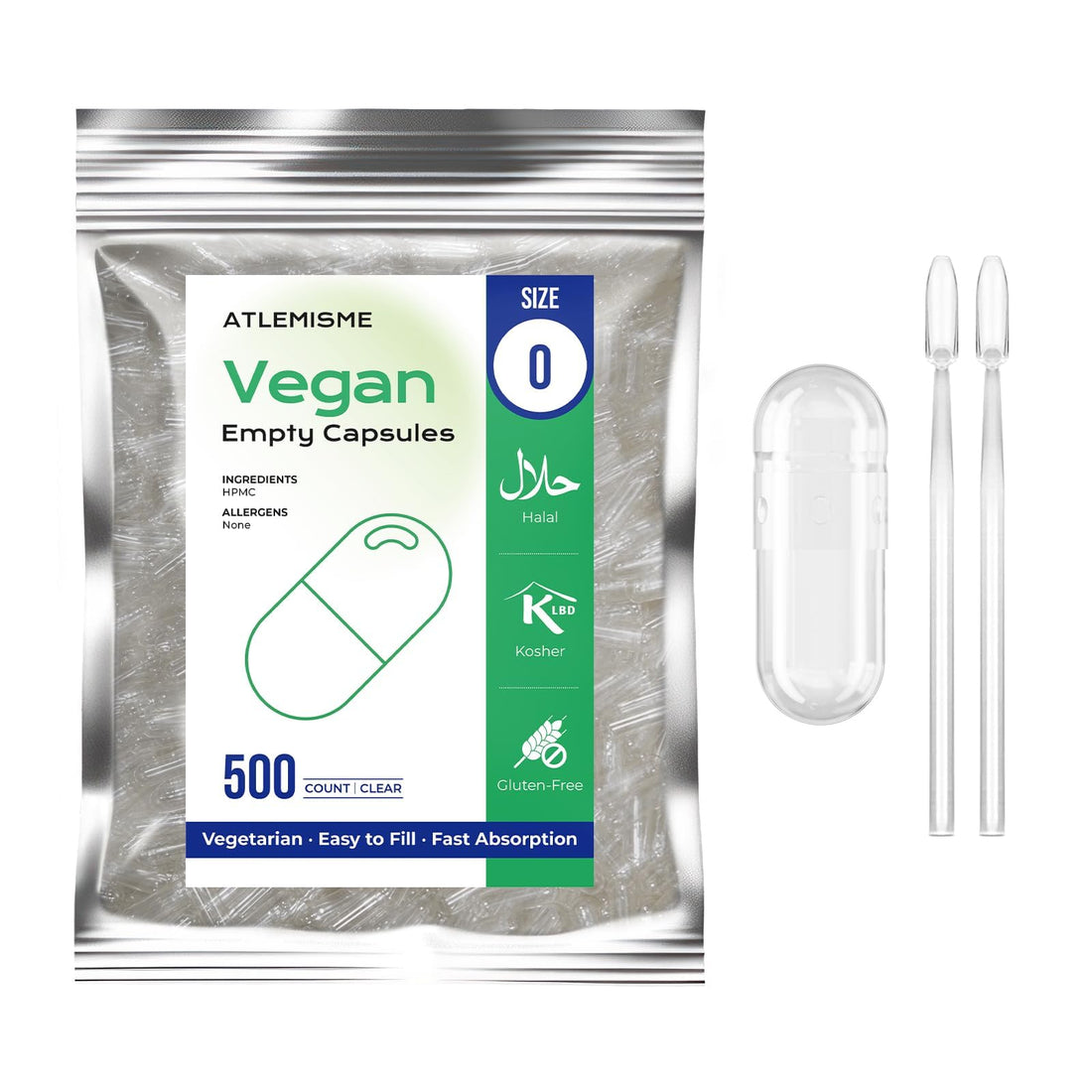 ATLEMISME Empty Vegan Capsules Size 0, 500-Count DIY Vegetable Capsules for Filling | Includes 2 Micro Lab Spoons ATLEMISME uk supplements