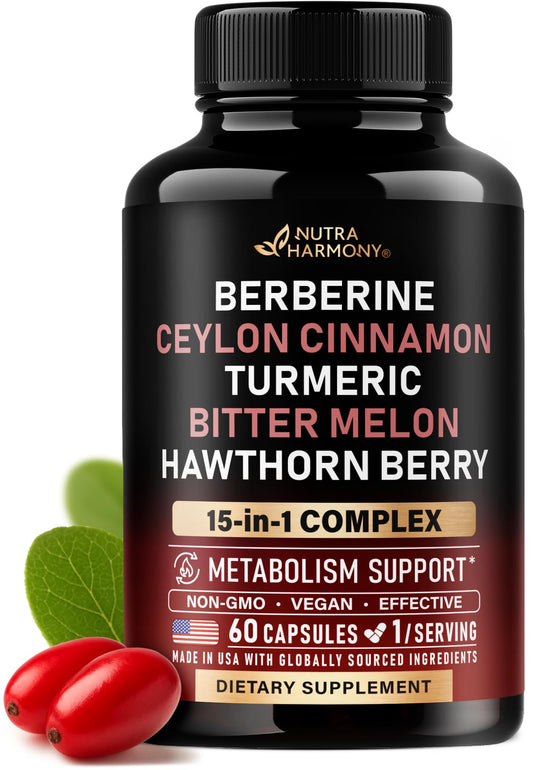 Berberine with Ceylon Cinnamon | Bitter Melon (Karela) | Apple Cider Vinegar | Hawthorn Berry | Citrus Bergamot | Turmeric - 15-in-1 Supplement for Heart Support NUTRAHARMONYUS supplements
