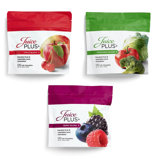 Juice Plus+ Fruit, Vegetable & Berry Blend Soft Chews (Chewables) - 30 Plant-Based Ingredients! Vegan Gummies for Kids & Adults - Gluten-Free, Non-GMO, No HFCS - Prepacked 3 Pouches (30 Chews Each) Juice Plus+AU supplements