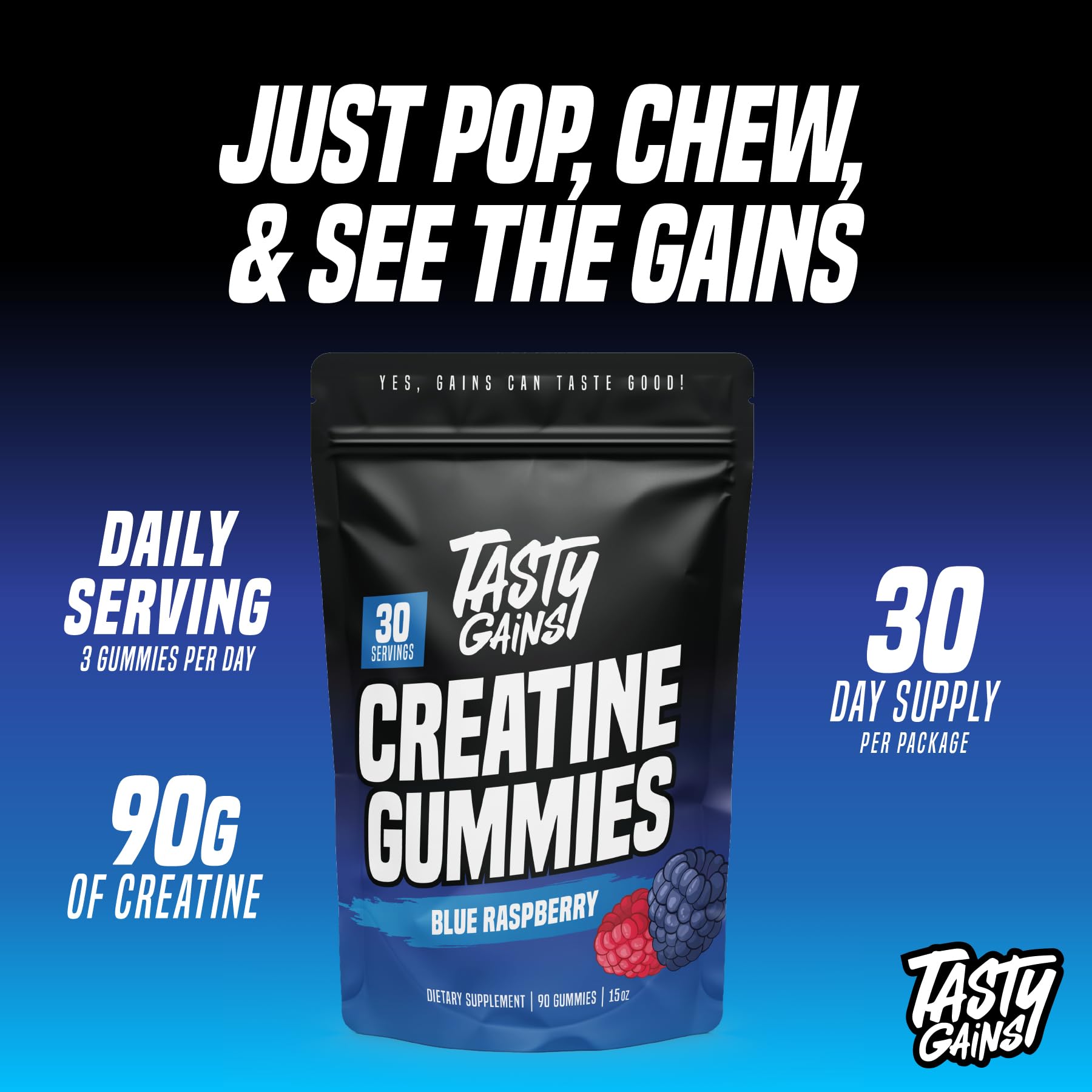 TASTY GAINS Creatine Gummies - 90g of Creatine Monohydrate - Workout Supplements - Build Muscle & Boost Strength for Men & Women - Made in USA - Non GMO - Vegan Friendly (Large, Blue Raspberry) TASTY GAINS Au supplements