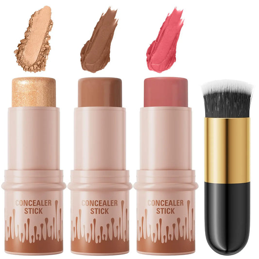 3Pcs Cream Contour Sticks Kit, Highlighter Stick Blush Stick Cream Contour Kit Makeup Set with Brush,Face Brightens & Shades Contour Stick Waterproof for Women QICAU supplements