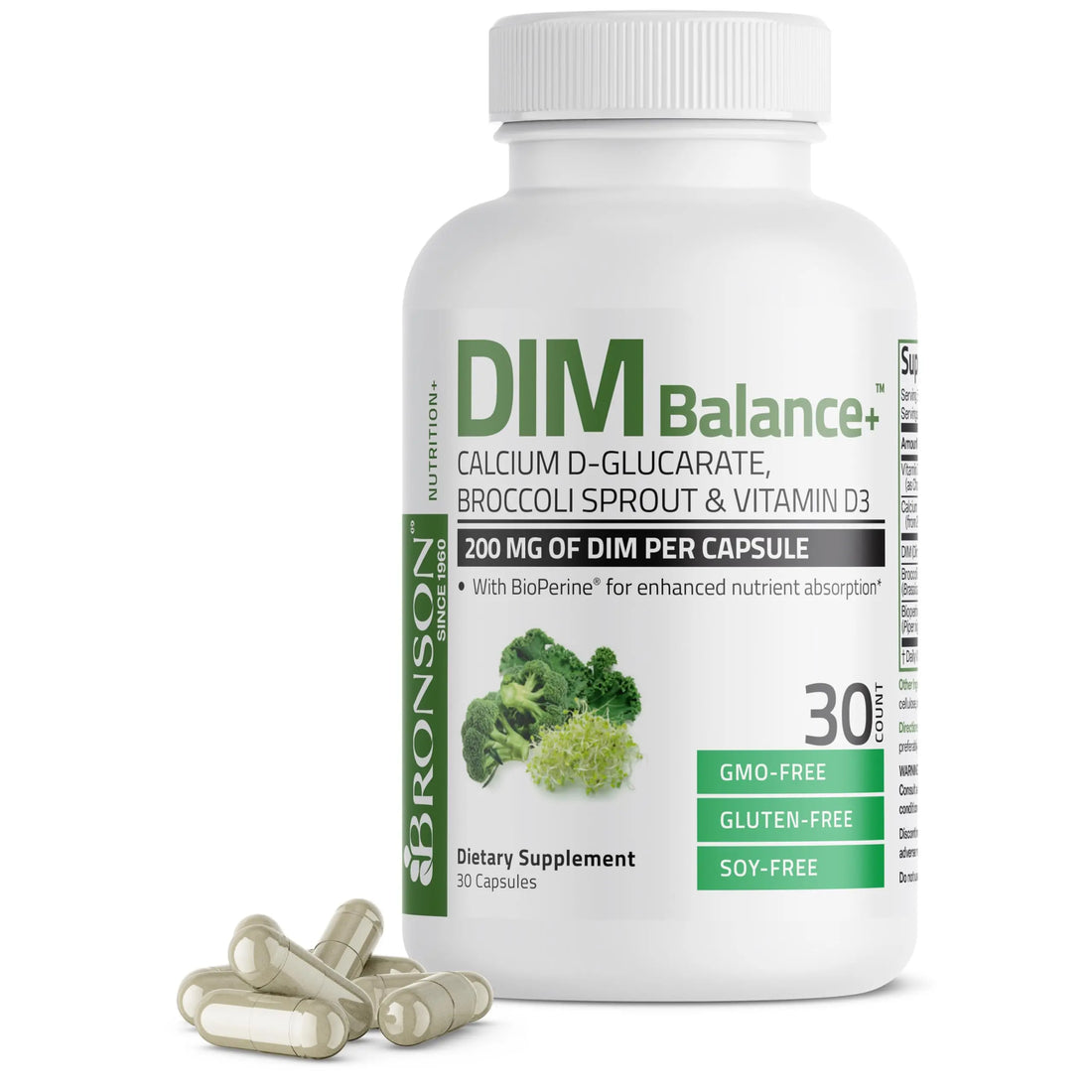 Bronson DIM Balance+ Calcium D-Glucarate, Broccoli Sprouts and Vitamin D3 200 MG of DIM per Capsule Supports Estrogen Metabolism and Balanced Hormone Levels Non-GMO, 30 Vegetarian Capsules Bronson uk supplements