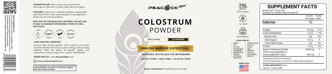 Peacock Max Colostrum Powder – 60g (30 Servings), Unflavored Bovine Colostrum Supplement, Superfood for Hair, Skin & Gut Health, Gluten-Free, Non-GMO Peacock Max Au supplements
