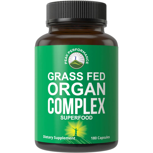 Peak Performance Grass Fed Beef Organ Complex from New Zealand (180 Capsules) Desiccated Organs Superfood Pills. GrassFed Beef Liver Capsules with Heart, Kidney, Pancreas, Spleen. Supplement Peak PerformanceAU supplements
