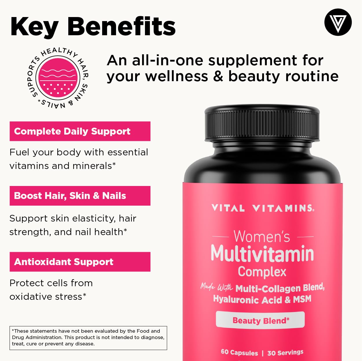 Vital Vitamins Women's Multivitamin Complex - Made with Multi-Collagen Blend, Hyaluronic Acid, & MSM - Beauty Multivitamins - with Vitamin A, C, E, B6, B12, D3-60 Capsules Vital Vitamins Au supplements
