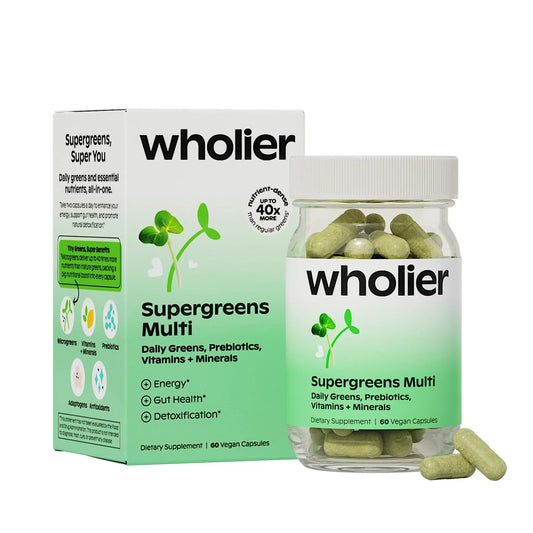 wholier Supergreens Multi, Daily Greens, Vegan Multivitamin for Women + Men, Whole Food Vitamins + Minerals, Prebiotics for Gut Health, Adaptogens (60 Vegan Capsules) Glass Bottle wholierAU supplements