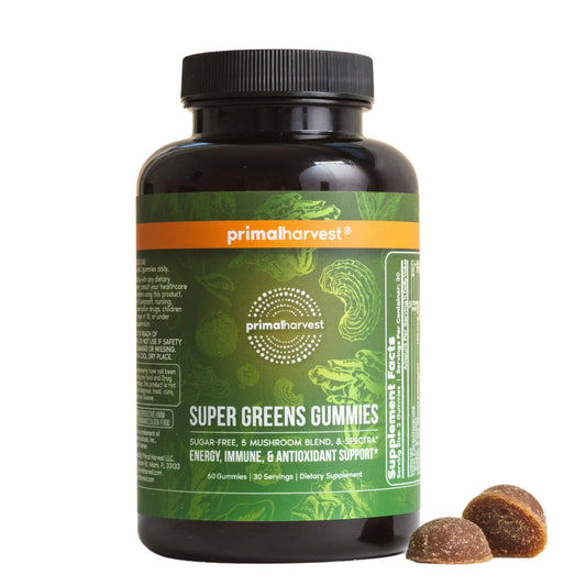 Primal Harvest Super Greens Gummies, Superfood Blend with Adaptogenic Mushrooms Vitamins & Nutrient-Rich Minerals & Antioxidants for Energy & Immune Support 1 Pack 60 Count, Primal HarvestAU supplements