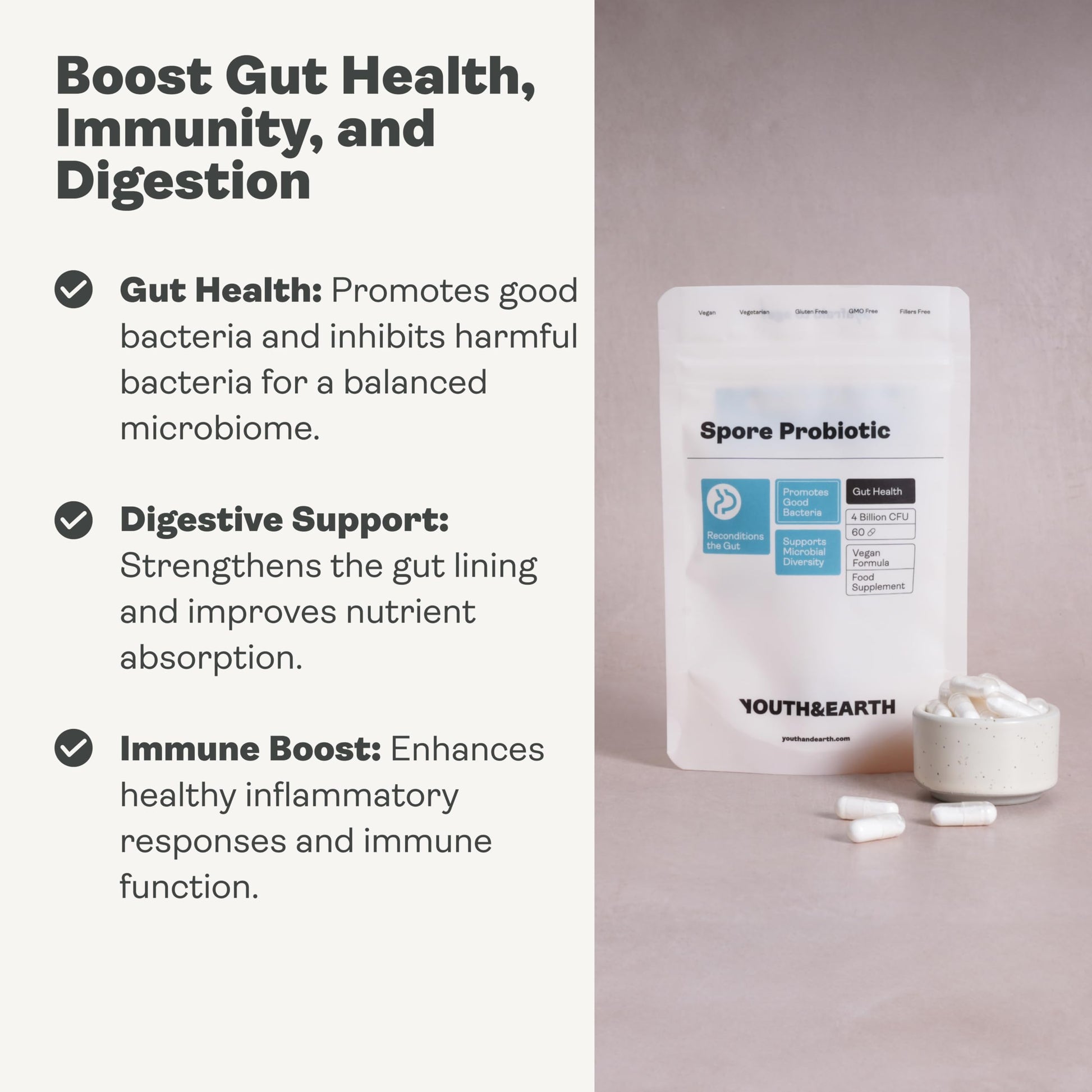 Youth & Earth Spore Probiotics 4 Billion CFU Count - Probiotics for Gut Health & Immune Support | Gut Health Supplements for Digestive Health | 60 Capsules Youth & Earth Au supplements