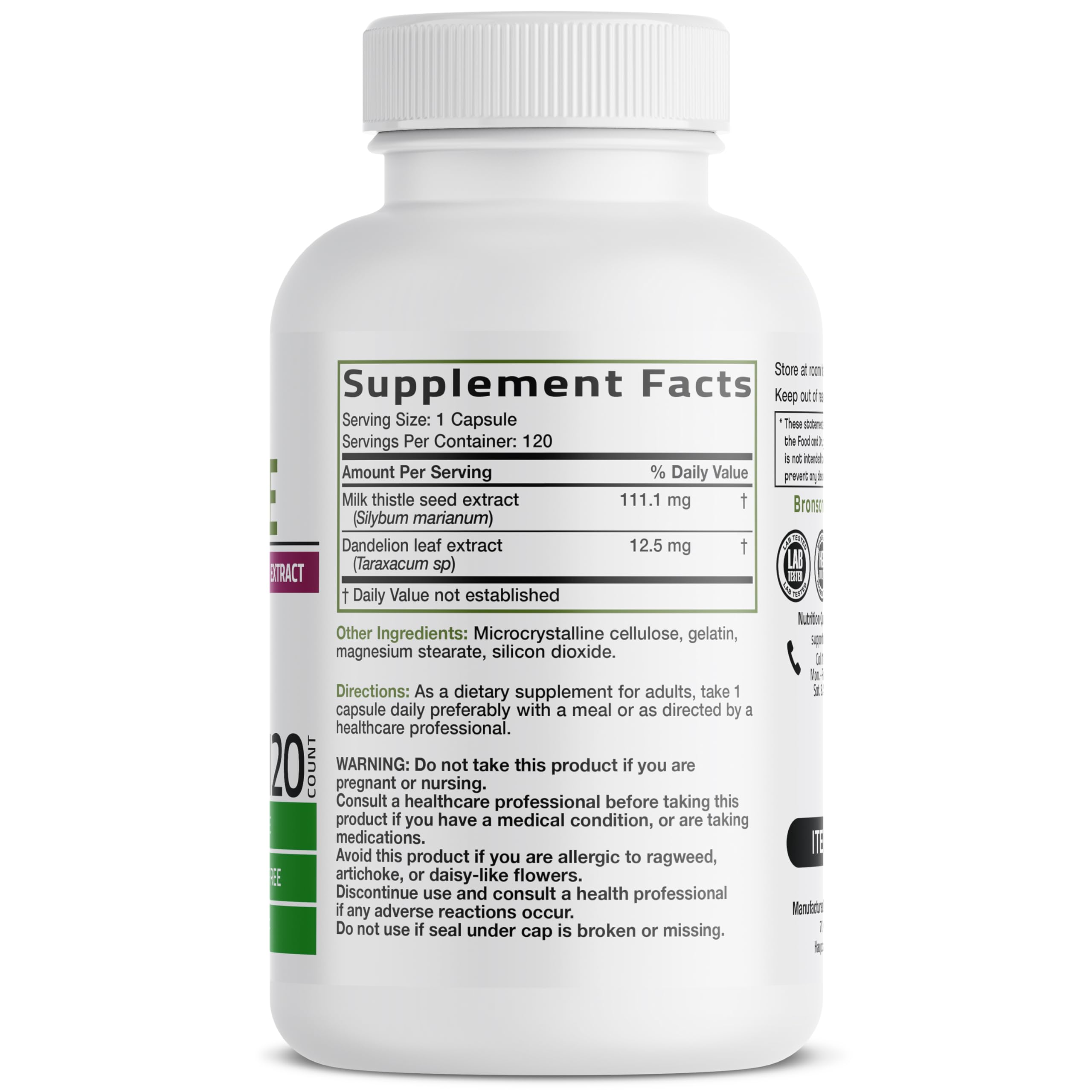Bronson Milk Thistle Silymarin Marianum & Dandelion Extract Liver Health Support, Antioxidant Support, Detox, 120 Capsules