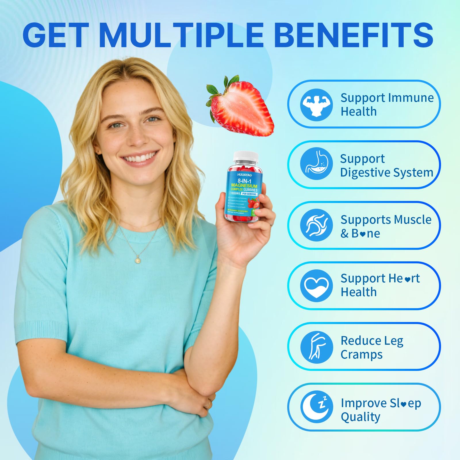 Magnesium Complex Gummies for Women Men 8 in 1, Magnesium Glycinate, Citrate, Malate, Taurate, Supports Bones, Muscle, Nerve Health, Sugar-Free, Vegan Non-GMO, Strawberry Flavor, 120 Count HUUAYAO Au supplements