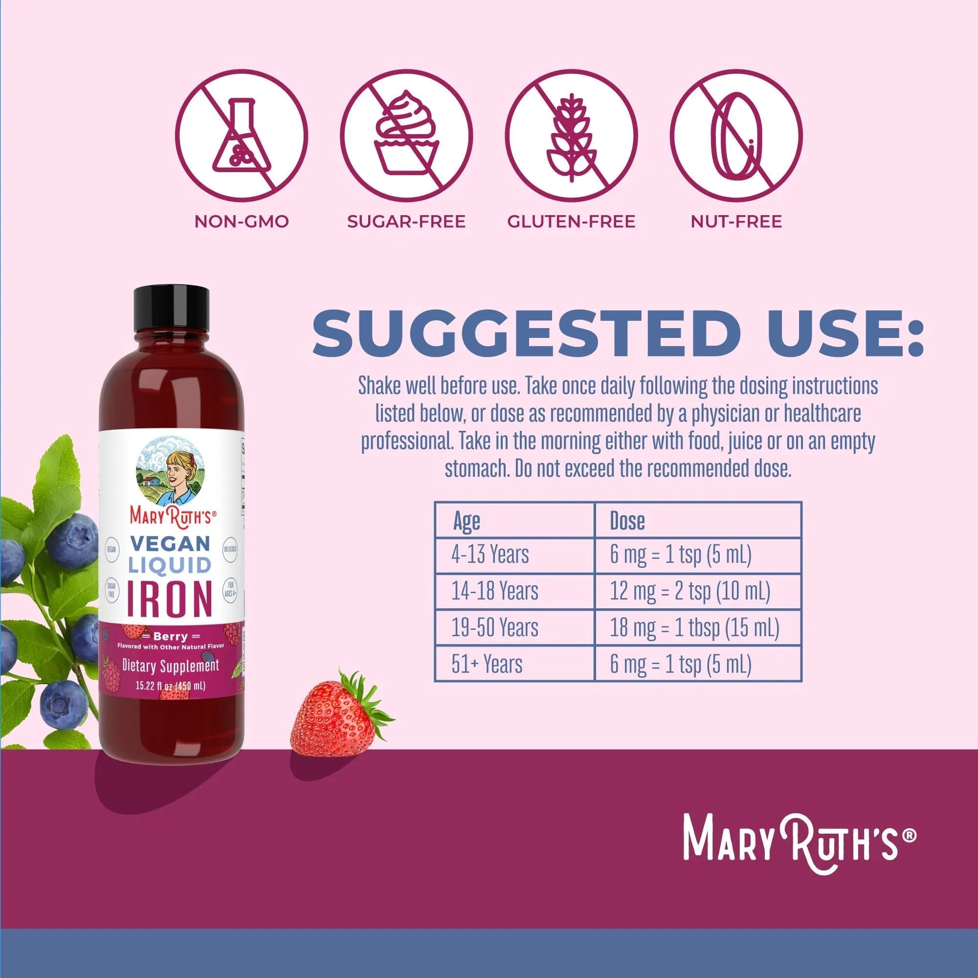 MaryRuth's MaryRuth's Liquid Morning Multivitamin +Hair Growth (Peach Mango, 15.22oz) & Iron Liquid (Berry) | Clean Label Project Verified® | MARYRUTH'S Au supplements