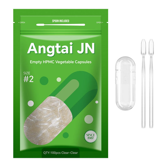 Angtai JN Vegan Empty Pill Capsules Size 2 Plant Based Clear (100 Count) Gluten Free, Non-GMO, Halal Certified Caps Filling Kit with 2 Spoons for Vegetarian DIY Your Own Supplements Angtai JNAu supplements