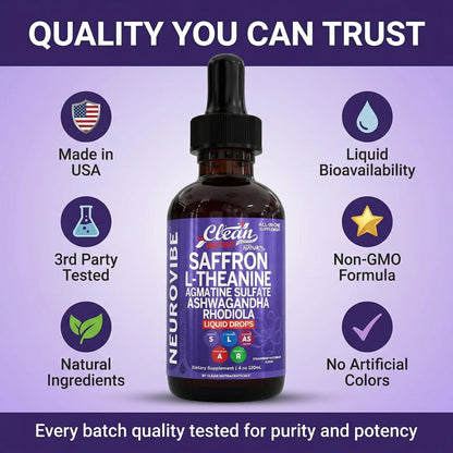 Saffron Supplements Liquid Drops L-Theanine Agmatine Sulfate Ashwagandha Magnesium Glycinate B6 Magnesium Stress Relief Mood Support 5-HTP GABA Supplement Vitamin D 4oz by Clean Nutra Clean Nutraceuticals buy supplements Au